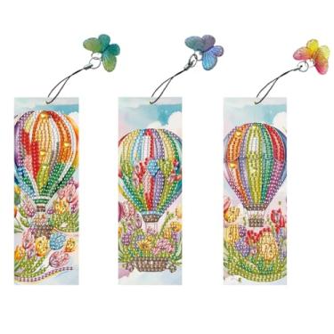 Imagem de F-CANLAN 3 peças de marcador de livro de pintura de diamante de balão de ar quente acrílico com borlas, marcadores de livro de pintura de diamante de balão de ar quente de flor, kit de marcadores de