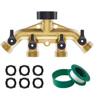 Imagem de SPECILITE Divisor de mangueira de jardim de latão resistente, conector de mangueira de 4 vias, 0,9 cm, torneira de torneira externa, adaptador de água de metal sólido com 6 arruelas de borracha e 1