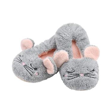 Imagem de DICUIRD Pantufa infantil com estampa de animais, de lã, aconchegante, para uso interno, para quarto, Mouse cinza, 29.5-31