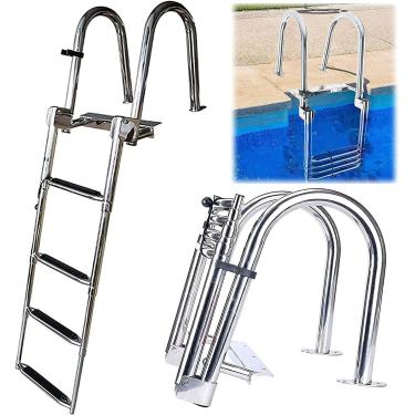 Imagem de Dudolala Escada de banho Barco Pooller Cabeça de aço inoxidável Piscina Líder telescópico 4 degraus Líder de barco dobrável, Líder de cobertura flutuante com alças e pedal largo para doca de