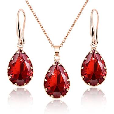 Imagem de Jertom Conjunto de joias de cristal austríaco banhado a ouro 14 k com pingente de gota e brincos em forma de pera para mulheres e meninas, ruby set rose, Latão Cobre Pedra preciosa, Rubi Zircônia cúbica Diamante criado