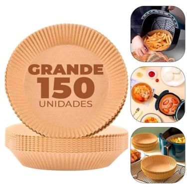 Imagem de Kit 150 Forma Redonda Descartável Grande para Fritadeira Elétrica Air Frayer 16cm Antiaderente Suporta até 230ºC