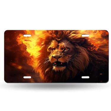 Imagem de Linda capa de placa de licença com padrão criativo de leão juba dourada - etiqueta de carro artística de alumínio, à prova de ferrugem, design exclusivo - 15 x 30 cm
