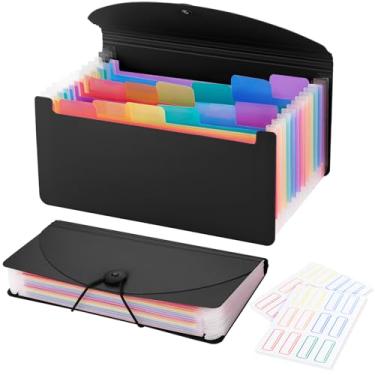 Imagem de Organizador de recibos A6 com 13 bolsos, pacote com 2 pequenos organizadores de arquivos sanfonados, organizador de cupons com etiquetas - preto