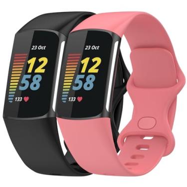 Imagem de Anuoli Pacote com 2 pulseiras compatíveis com Fitbit Charge 6 Charge 5, pulseira de substituição de silicone macio para mulheres e homens (areia preta/rosa, grande (18 cm a 23 cm)