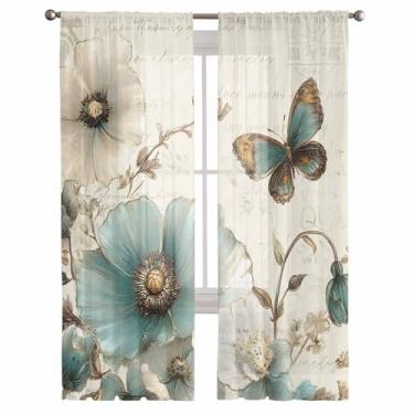 Imagem de EZON-CH Conjunto de 2 painéis de cortinas transparentes, cortinas vintage borboleta tulipa flor plantas, cortinas com bolso para varão, decoração para cozinha, quarto, sala de estar, persiana solar