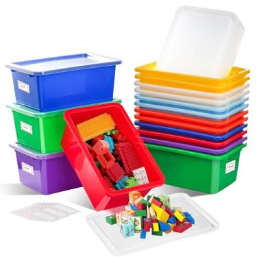 Imagem de Hldgras Pacote com 16 caixas de armazenamento para sala de aula, organizador de brinquedos, pequeno - resistente, plástico multiuso para casa, berçário, sala de jogos, (arco-íris com tampa, pacote com