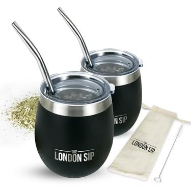 Imagem de Conjunto de copos e bomba de erva mate Here & Now | 2 cuias de mate, tampas resistentes a derramamentos e canudos mate | Escova Bombilla e bolsa incluídos | Kit de cuia Yerba Mate com xícaras de chá Bombilla Mate e Mate (preto)