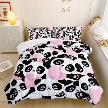 Imagem de AILONEN Jogo de cama Kawaii Panda com estampa de coração rosa, 3 peças, tamanho casal, desenho animado, animal, microfibra macia, conjunto de edredom para meninas e crianças, 1 Qulit e 2 fronhas