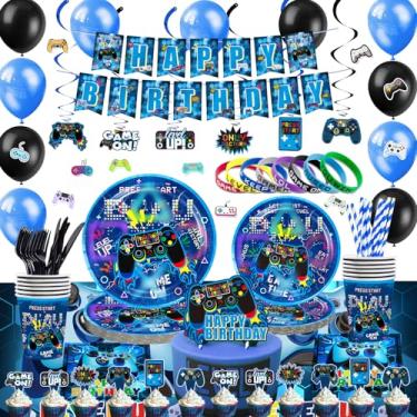 Imagem de KOTLMIGHT Decoração De Festa De Aniversário De Jogador Azul - 270 Unidades De Suprimentos Para Festas De Jogos De Videogame Para Festas De Aniversário De Meninos - Capa De Mesa, Pratos, Copos, Guardan