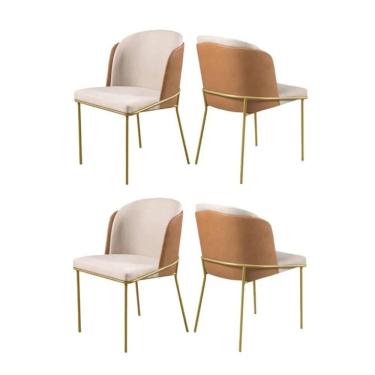 Imagem de Conjunto 4 Cadeiras De Jantar Aurora Linho Bege E Couro Caramelo Com Metal Dourado
