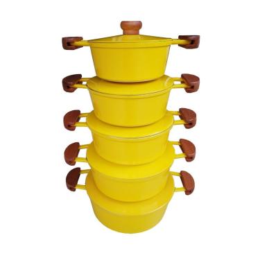 Imagem de Jogo 5 Panelas Alumínio Batido Fundido Amarelas Tampa Pesada