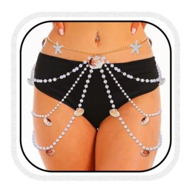 Imagem de COSYDAYS Cinto de corrente de pérola, estrela-do-mar, concha de mar, joia de corpo de praia para mulheres, Free Size, Plástico, Sem Pedra Preciosa