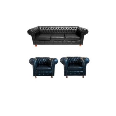 Imagem de 1 Sofá 2.30 + 2 Poltronas Chesterfield Luiz XV Corano Preto /barbearia