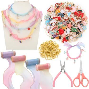 Imagem de Tondiamo Kit de 206 peças para fazer joias, faça você mesmo, fita de organza gradiente, kit de fabricação de pulseiras com 100 pingentes, 100 anéis de salto, 4 fitas de voile e ferramentas para