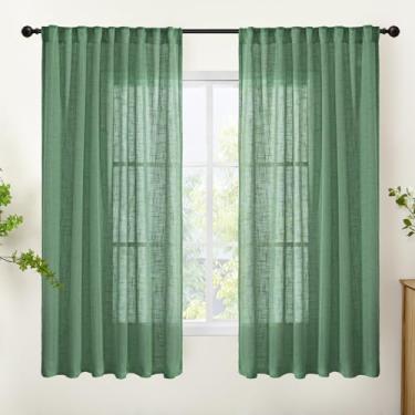 Imagem de YoungsTex Cortinas semitransparentes de linho verde 153 cm de comprimento para sala de estar, 2 painéis, cortinas de janela com filtro de luz, textura rústica, com aba traseira de bolso para varão