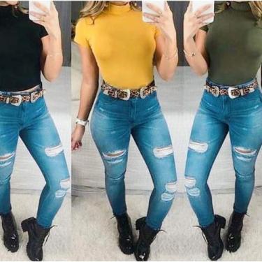 Imagem de blusa feminina canelada gola alta manga curta básica estilo - Filó Mod