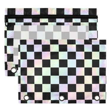 Imagem de Bolsas de fichário preto para tabuleiro de xadrez 3 anéis para meninos meninas escola escritório faculdade suprimentos branco búfalo xadrez arco-íris cor lápis bolsa bolsa bolsa com janela