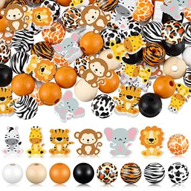 Imagem de 200 peças de animais da selva de madeira fofos contas de madeira contas de impressão animal com vaca leopardo tigre girafa padrão espaçador contas soltas para decoração de festa de quarto bandeja em camadas ornamento de parede (animais)