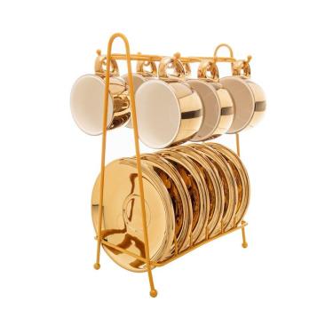 Imagem de Conjunto de Xícara de Café 6 Peças de Porcelana com Suporte Versa Dourado/Branco 90 ml Wolff