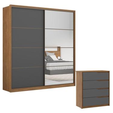 Imagem de Cômoda Atria E Guarda Roupa Casal Belga 2 Portas 1 Porta Em Espelho Amendola Grafito Flex - Demârtez