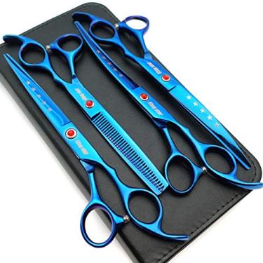 Imagem de Conjunto de tesouras profissionais de titânio de 18 cm, conjunto de tesouras de cuidados para animais de estimação, corte reto e fino e curvo, conjunto de 4 peças para cuidados com cães...Kingstar azul unknown