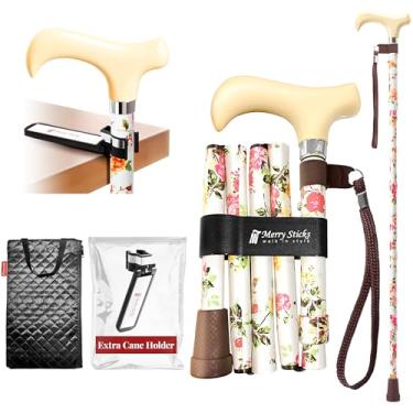 Imagem de [Combo] Bengalas de caminhada Merry Sticks leves e dobráveis para mulheres e homens, bengala ajustável e dobrável para idosos, inclui uma bolsa de bengala e um suporte refletivo inteligente - flores