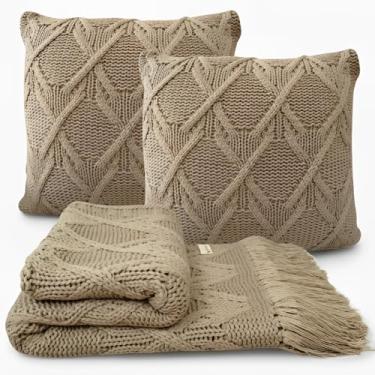 Imagem de Kit Manta Tricot Luxo 150x90cm + 2 Almofadas com Enchimento | Zíper Invisível | Fibra Siliconada | Sofá Sala | Xale Decorativo Elegante L05 (Bege Aramis)