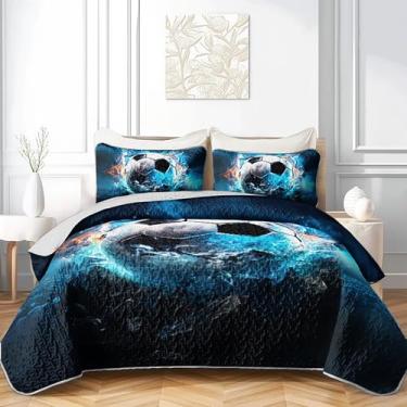 Imagem de AILONEN Conjunto de colcha de cama esportiva de futebol, tamanho casal, estampa de bola azul gelo e fogo, colcha macia para crianças, meninos, 3 peças (colcha, 2 fronhas)