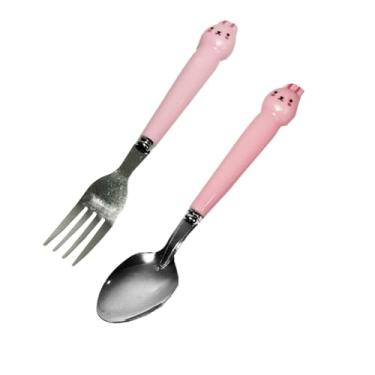 Imagem de Kit Talher Infantil Inox 2 Peças. Garfo e Colher, Cabo Plástico. Ideal p/Escola, Viagem, Passeio, Acampamento (Rosa)