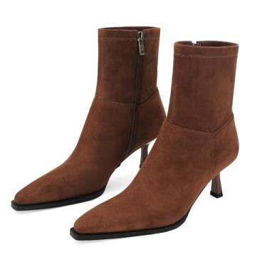 Imagem de SOVANYOU Botas femininas elegantes no tornozelo, bico fino, salto gatinho, com zíper lateral, elegante, confortável, botas curtas pretas, Camurça marrom, 41
