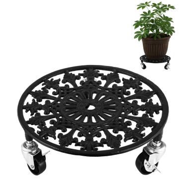 Imagem de 1 pacote de suporte de plantas com rodas 28 cm suporte para plantas grandes rolos de plantas resistentes carrinho de plantas de metal à prova de ferrugem suportes de plantas de ferro forjado carrinho