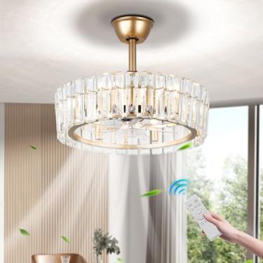 Imagem de YPQXYHDA Ventilador de teto moderno de cristal de 52,6 cm com luz e controle remoto, ventilador de teto embutido de perfil baixo, lustre dourado, ventiladores de teto 6 velocidades e temporizador para