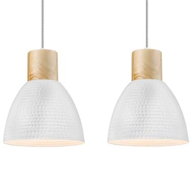 Imagem de ELYONA Pacote com 2 luminárias pendentes marteladas, lâmpada suspensa de ilha de madeira de metal e borracha de 26 cm, altura ajustável, iluminação pendente moderna para cozinha, bar de fazenda, sala