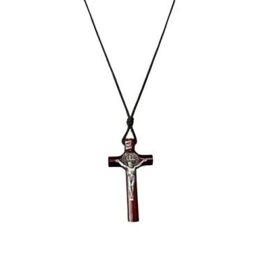 Imagem de Catholica Shop Colar de cordão de crucifixo de madeira com medalha de São Bento para homens e mulheres – Pingente religioso feito à mão, cura, proteção de viagem, perfeito para presentear em ocasiões