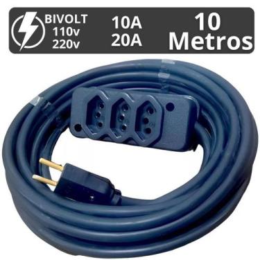 Imagem de Extensão Eletrica 10 Metros Pino Grosso 20a E 10a 03 Tomadas 110v 220v