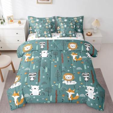 Imagem de Erosebridal Jogo de cama de solteiro para crianças, 7 peças, desenho animado de raposa de leão, cama de solteiro em uma bolsa com conjunto de cama reversível de animais de fazenda, edredom de cabana,