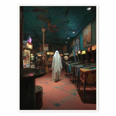 Imagem de Arte de parede retrô Arcade Ghost – Impressão em tela de Halloween de fantasma fofo em sala de jogos vintage, pôster engraçado assustador para quarto, sala de jogos ou decoração de Halloween 30 x 40