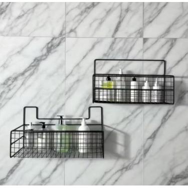 Imagem de Prateleira de Parede para Banheiro, Grade Metálica Preta, 2 Cestos Organizadores, Suporte para Shampoo e Cosméticos