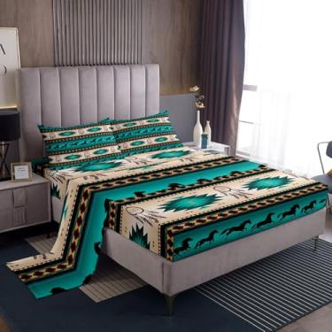 Imagem de Jogo de lençol com estampa de cavalo, caçador de sonhos, para meninos e adolescentes, asteca, africano, tribal, cavalo, animais de fazenda ocidental, exótico, decoração de quarto, solteiro