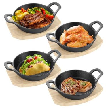Imagem de 4 conjuntos de mini frigideiras de ferro fundido com base de madeira, pequenas placas de ferro fundido, frigideira, prato redondo de fajita, prato quente para cozinha, restaurante, churrasco (16,3 cm)
