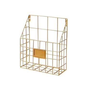 Imagem de Organizador de arquivos de mesa Suporte de arquivo revista parede útil com cesta arame malha metal e suporte para documentos suspensos(Gold)