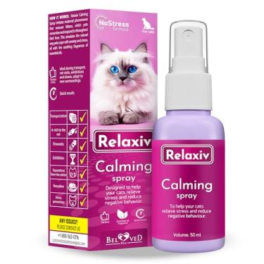 Imagem de Spray calmante de feromônios e repelente de arranhões da Beloved Pets Relaxivet – Reduz arranhões de móveis, xixi – durante viagens, fogos de artifício, trovão, zona veterinária – Ajuda a aliviar o estresse, lutar e esconder