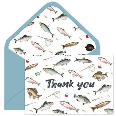 Imagem de TQQBUU 24 cartões de agradecimento de peixe com envelopes, cartões de chá de bebê de peixe, cartões de pesca para chá de bebê e lembrancinhas de festa de pesca, 10 x 15 cm