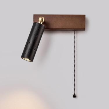 Imagem de Luminária de parede de madeira retrô Wabi Sabi Black Cave Stone Luminária de parede com interruptor de corrente, luminária de parede de travertino preto estilo japonês 5W 3000K Luz de leitur