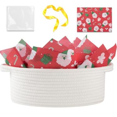 Imagem de OIAHOMY Cesta de presente de Natal com alça, cesta de tecido pequena com saco de presente, fita e papel de embrulho, caixas de berçário vazias para encher com itens pequenos, organizador de brinquedos