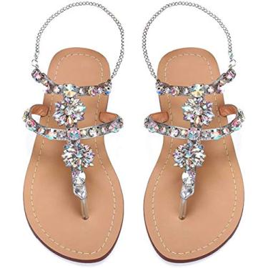 Imagem de Sandálias femininas gladiadora planas de strass PU Azmodo sandálias de casamento cor prata, Prata, 10