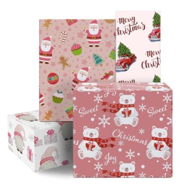 Imagem de Papel de embrulho rosa de Natal para meninas, crianças e mulheres, urso de Papai Noel, adoráveis, papel de embrulho de carro, 8 folhas dobradas planas, 51 x 71 cm por folha para aniversário de ano
