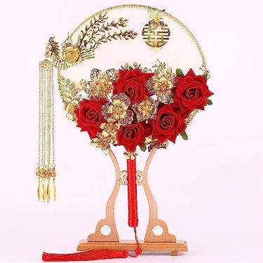 Imagem de Ventilador de mão dobrável portátil, fãs de noiva, ventilador tuan chinês dobrável buquê feito à mão Xi fã fã de vergonha de casamento ventilador acabado ventilador