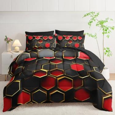 Imagem de lneffble Conjunto de cama queen xadrez vermelho e preto, 7 peças, (1 edredom, 1 lençol de cima, 1 lençol com elástico, 2 fronhas e 2 fronhas)